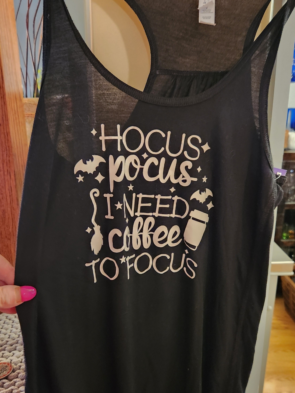 Abella Black Graphic Racerback Tank with White Hocus Pocus Coffee Print